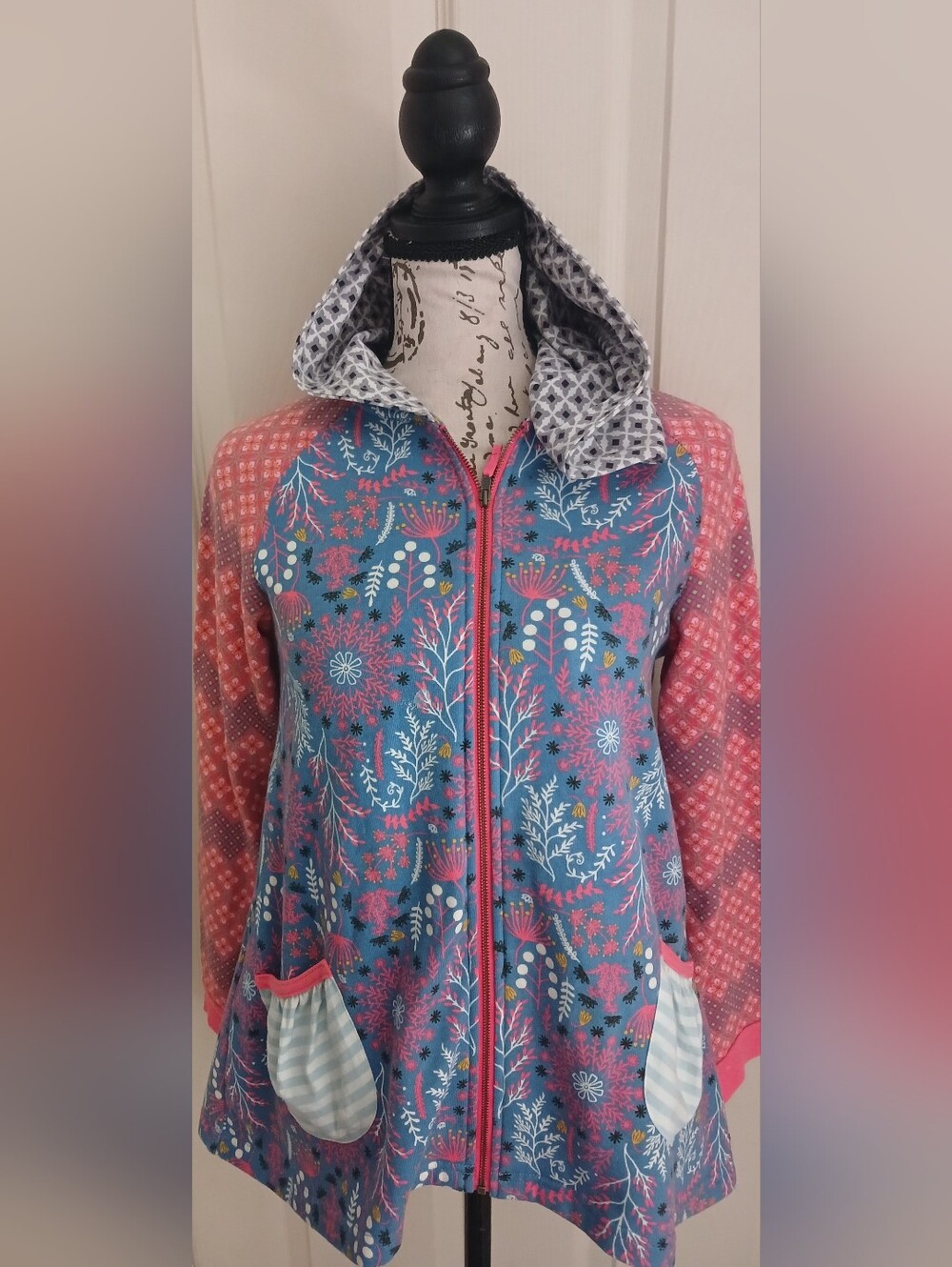 435 Matilda Jane Floral Hooded  Jacket in Blue and Coral